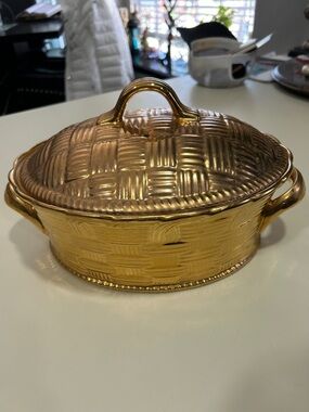 HALL China Gold Ceramic Covered Casserole with Woven-Texture Design